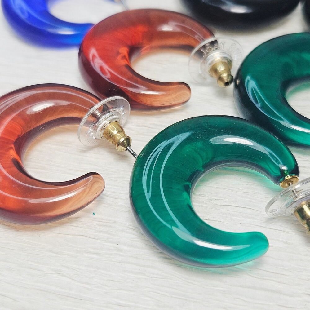 Joan Rivers 4 Pr Clear Puffy Hoop Earrings Green Black Purple Brown - Picture 5 of 12